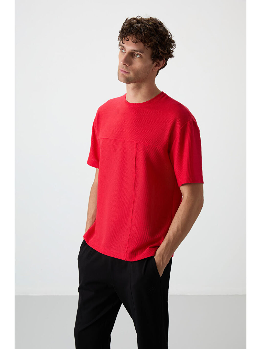 Kırmızı Waffle İnterlok Yüzeyi Dokulu  Fit Basic Erkek Tişört - 88380-6
