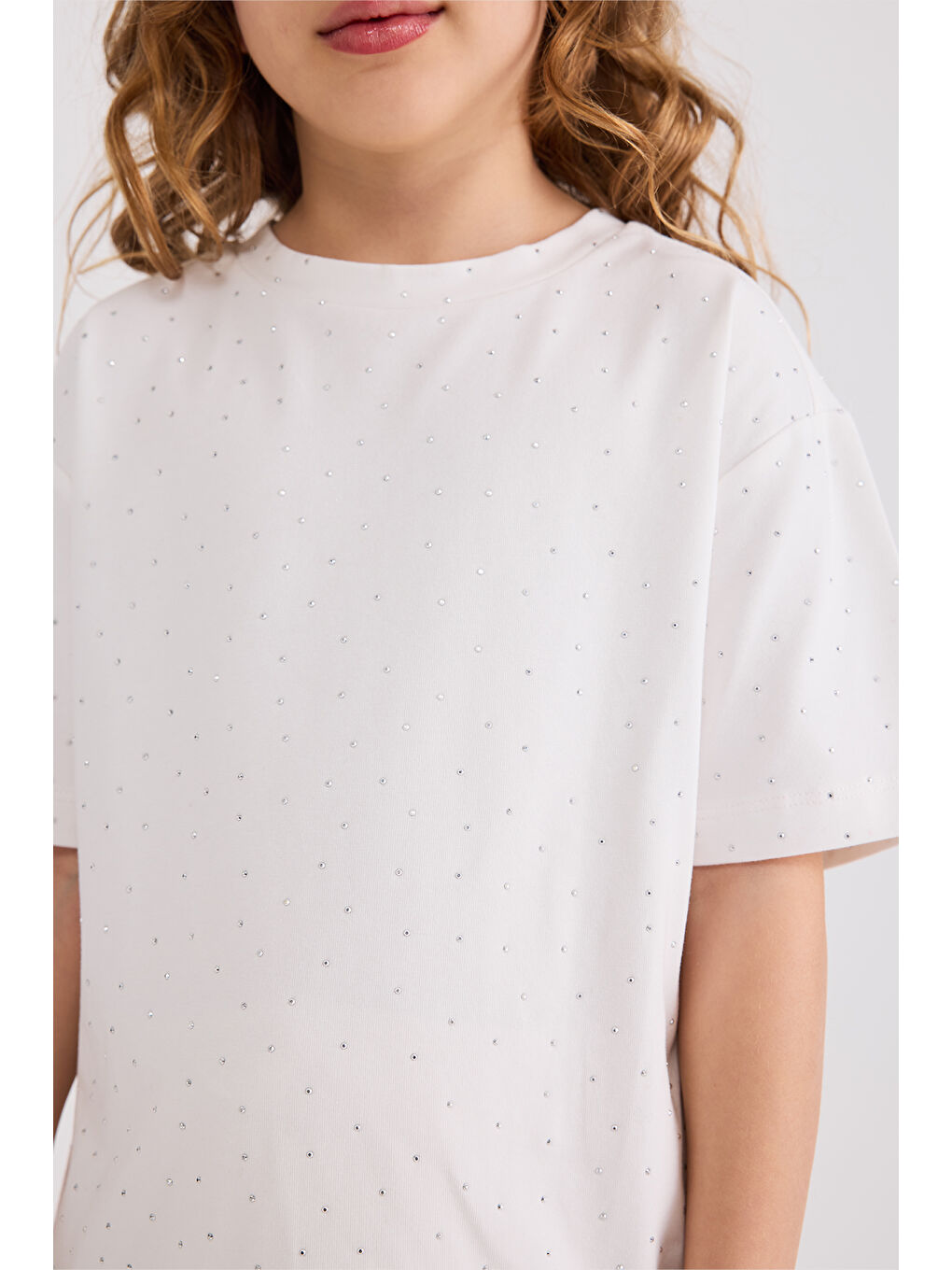 Kız Çocuk Taş Baskılı Ekru Tişört-5