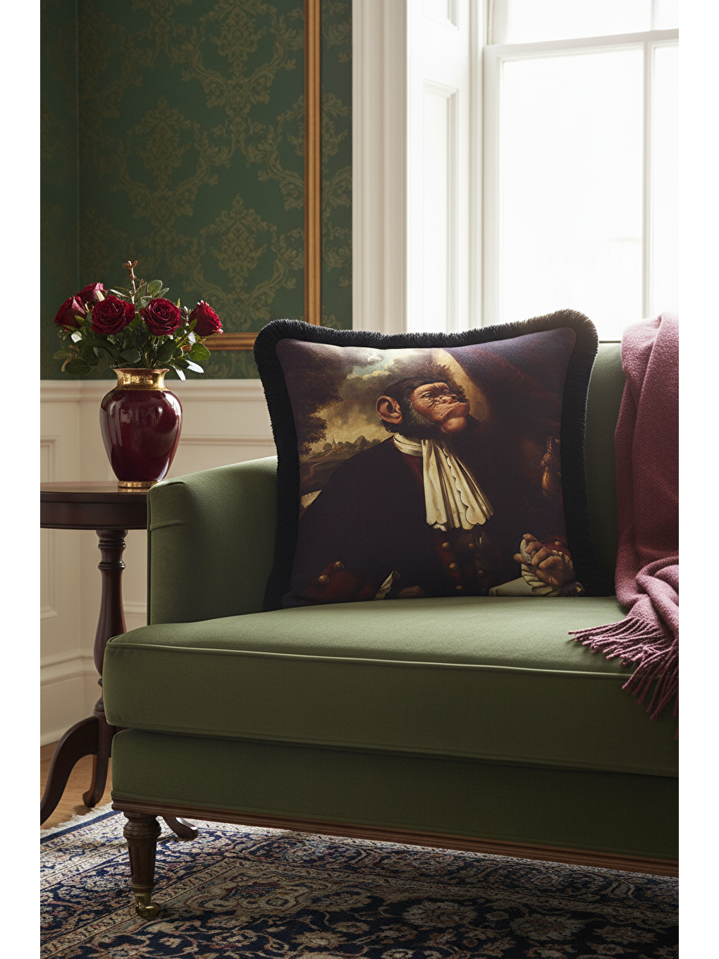 Karışık Barok Portre Saçaklı Yastık Kılıfı - Viktoryen Bohem Koyu Kahverengi Siyah Püsküllü Kırlent Kılıfı