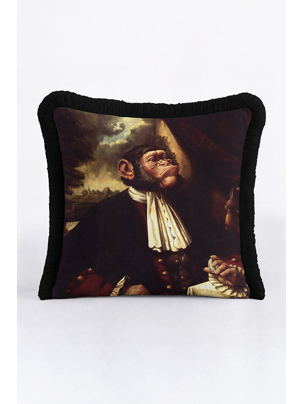 Karışık Barok Portre Saçaklı Yastık Kılıfı - Viktoryen Bohem Koyu Kahverengi Siyah Püsküllü Kırlent Kılıfı-1