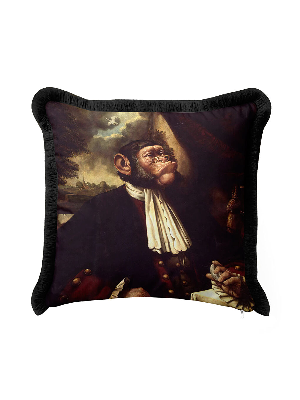 Karışık Barok Portre Saçaklı Yastık Kılıfı - Viktoryen Bohem Koyu Kahverengi Siyah Püsküllü Kırlent Kılıfı-2