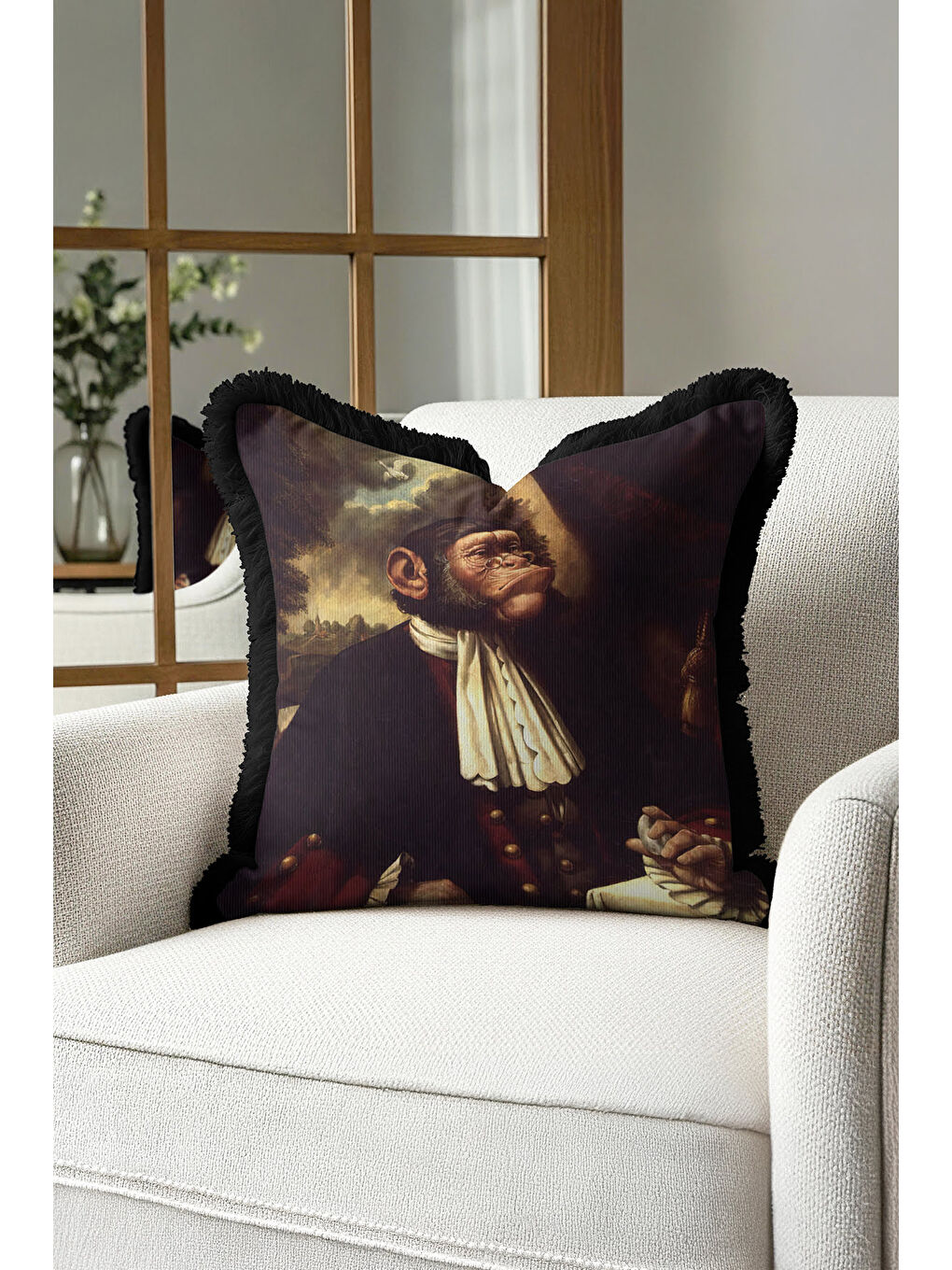 Karışık Barok Portre Saçaklı Yastık Kılıfı - Viktoryen Bohem Koyu Kahverengi Siyah Püsküllü Kırlent Kılıfı-3