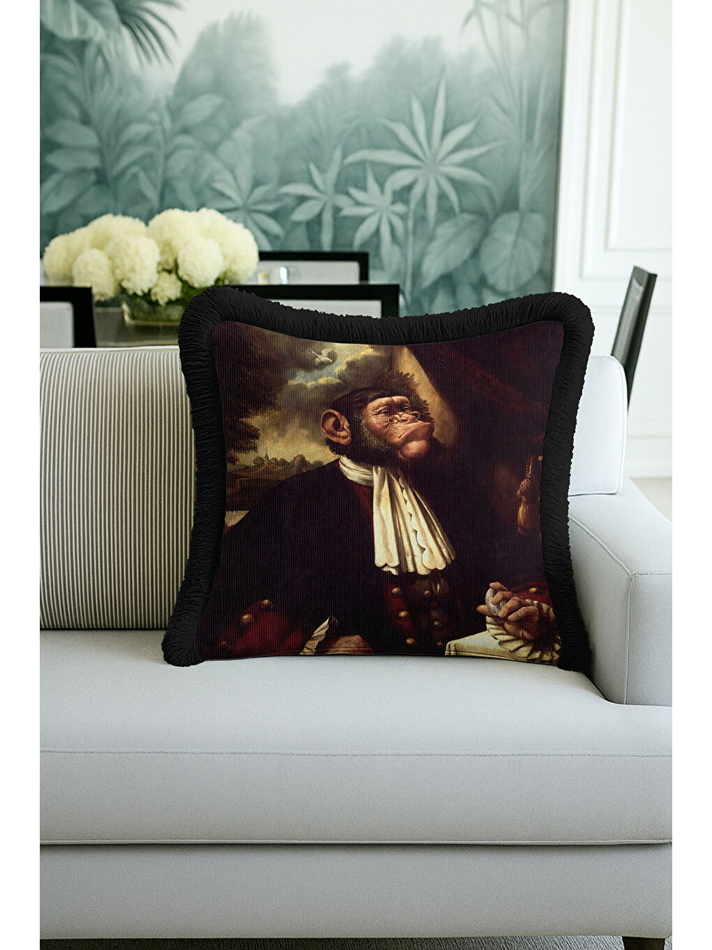 Karışık Barok Portre Saçaklı Yastık Kılıfı - Viktoryen Bohem Koyu Kahverengi Siyah Püsküllü Kırlent Kılıfı-4