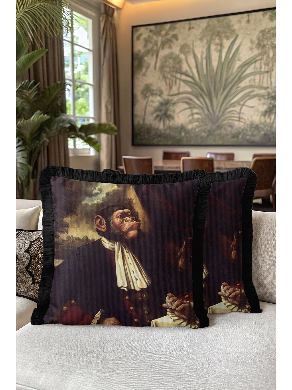 Karışık Barok Portre Saçaklı Yastık Kılıfı - Viktoryen Bohem Koyu Kahverengi Siyah Püsküllü Kırlent Kılıfı-5