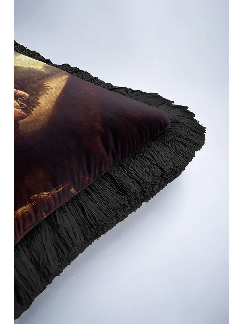 Karışık Barok Portre Saçaklı Yastık Kılıfı - Viktoryen Bohem Koyu Kahverengi Siyah Püsküllü Kırlent Kılıfı-6
