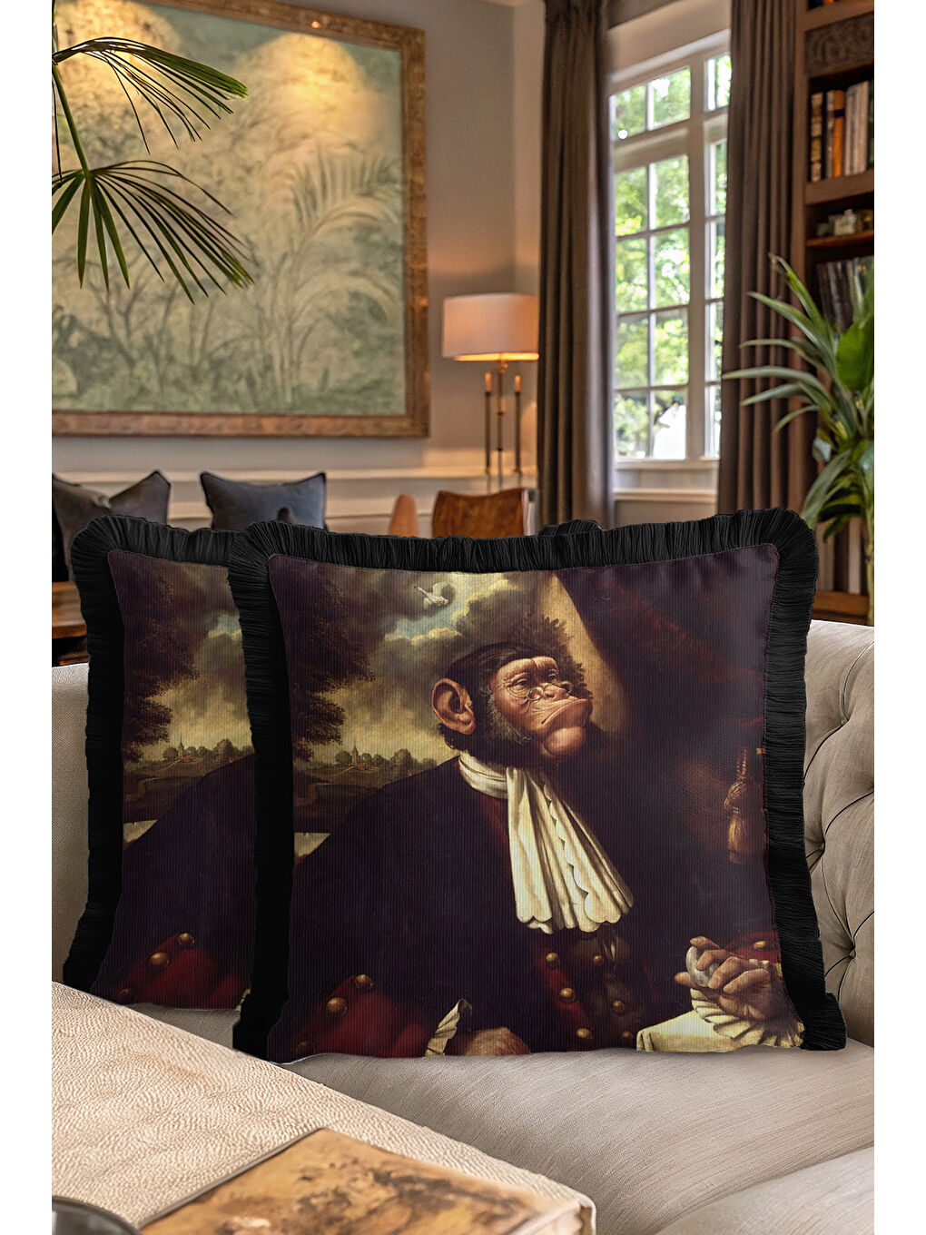 Karışık Barok Portre Saçaklı Yastık Kılıfı - Viktoryen Bohem Koyu Kahverengi Siyah Püsküllü Kırlent Kılıfı-7