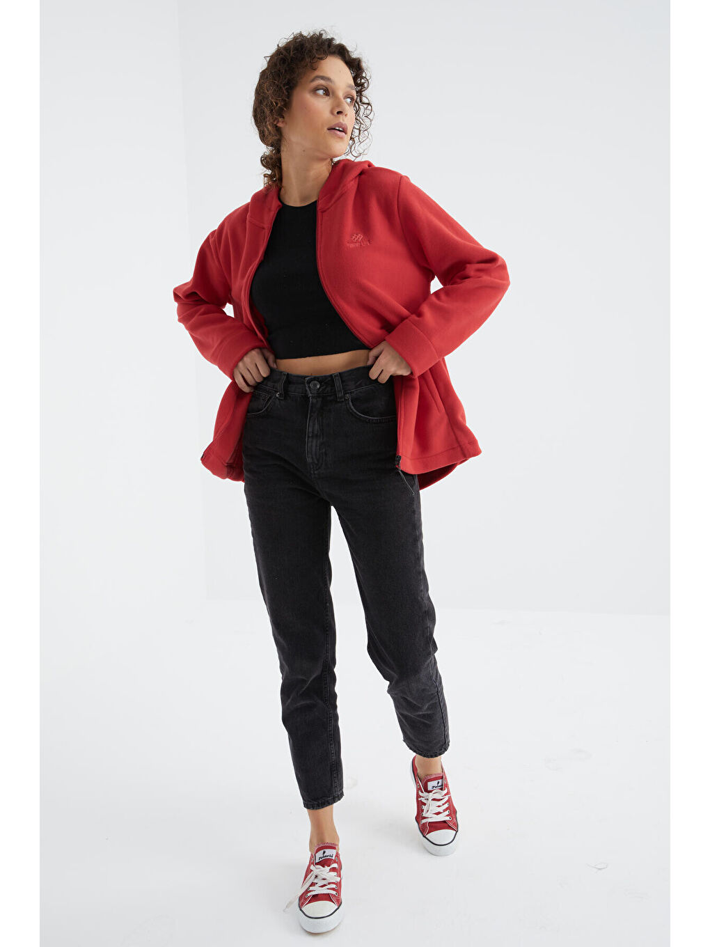 Kırmızı Fiesta Kapüşonlu Fermuarlı Rahat Form Kadın Polar Sweatshirt - 97233-1