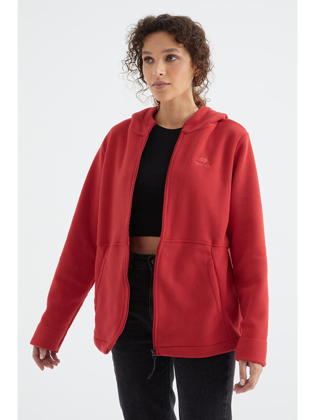 Kırmızı Fiesta Kapüşonlu Fermuarlı Rahat Form Kadın Polar Sweatshirt - 97233-2