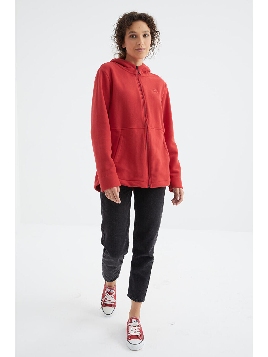 Kırmızı Fiesta Kapüşonlu Fermuarlı Rahat Form Kadın Polar Sweatshirt - 97233-3