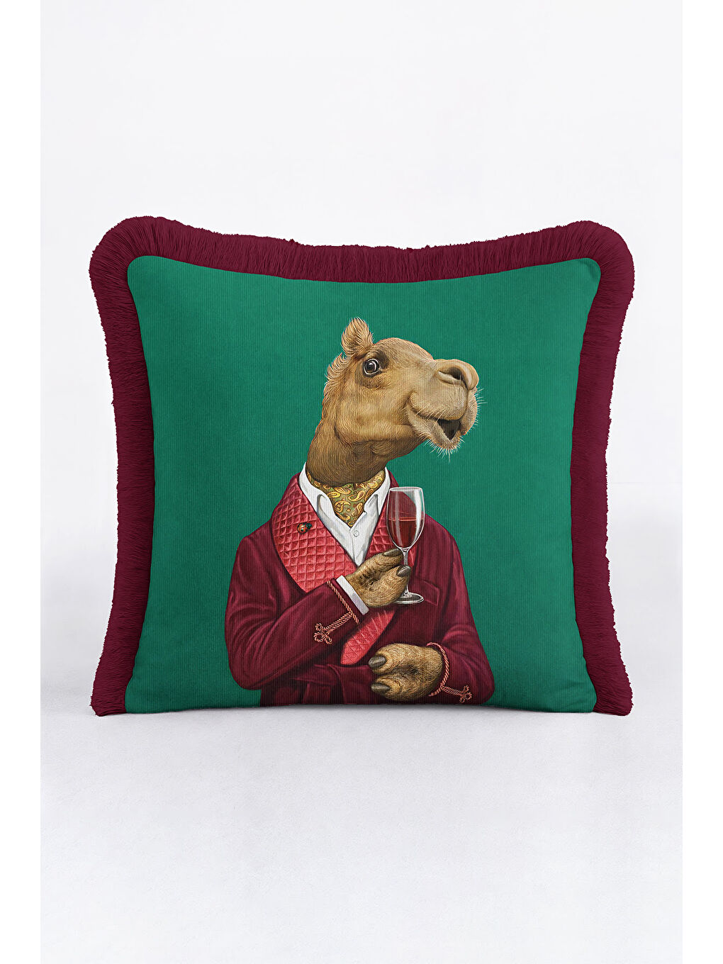 Karışık Lüks Vintage Saçaklı Yastık Kılıfı - Davetli Hayvan Temalı Yeşil Bordo Püsküllü Kırlent Kılıfı
