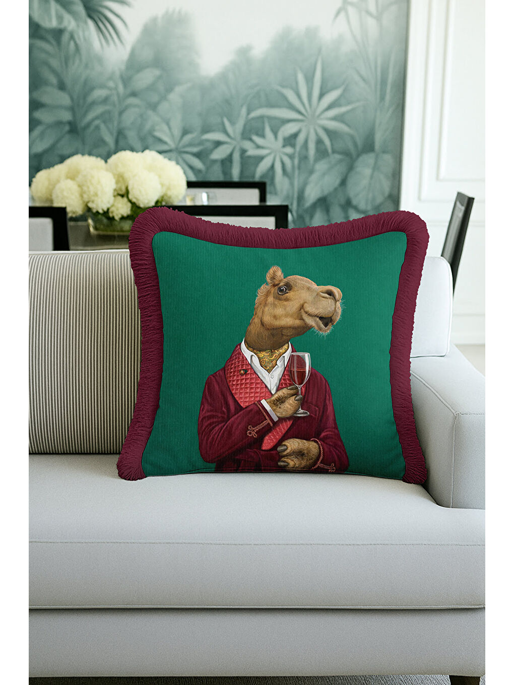 Karışık Lüks Vintage Saçaklı Yastık Kılıfı - Davetli Hayvan Temalı Yeşil Bordo Püsküllü Kırlent Kılıfı-1