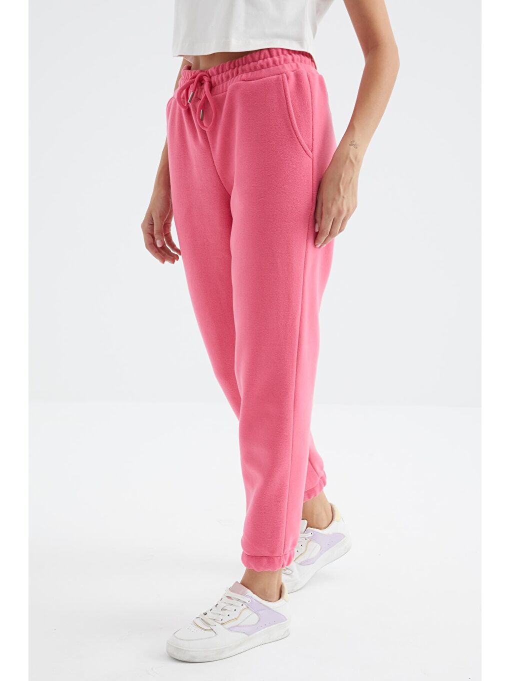 Şeker Pembe Yüksek Bel Basic Bağcıklı Jogger Polar Kadın Eşofman Alt - 94622-1
