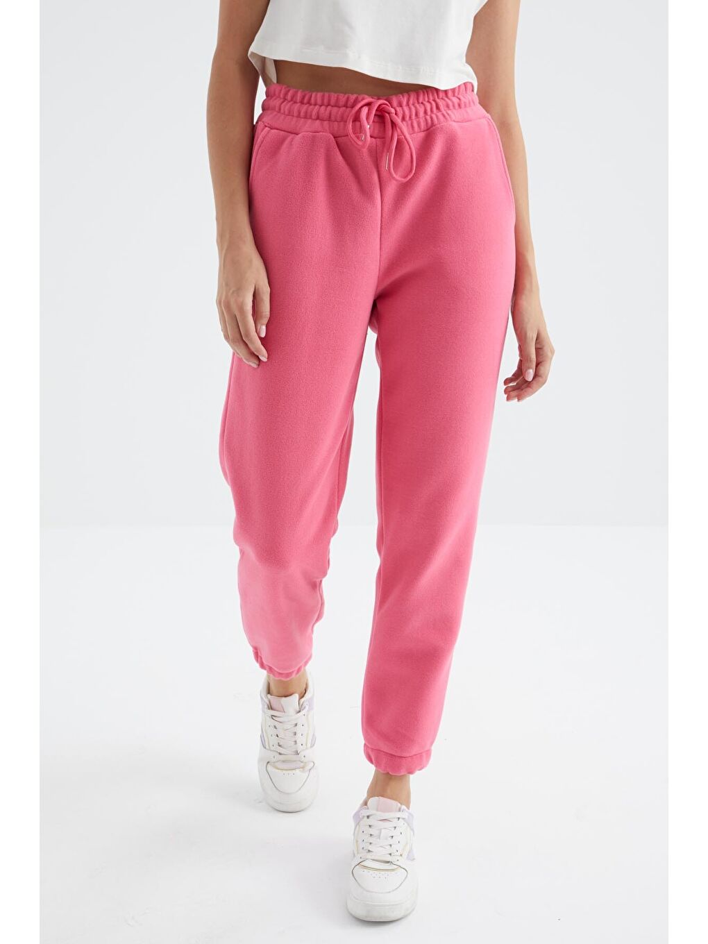 Şeker Pembe Yüksek Bel Basic Bağcıklı Jogger Polar Kadın Eşofman Alt - 94622-3