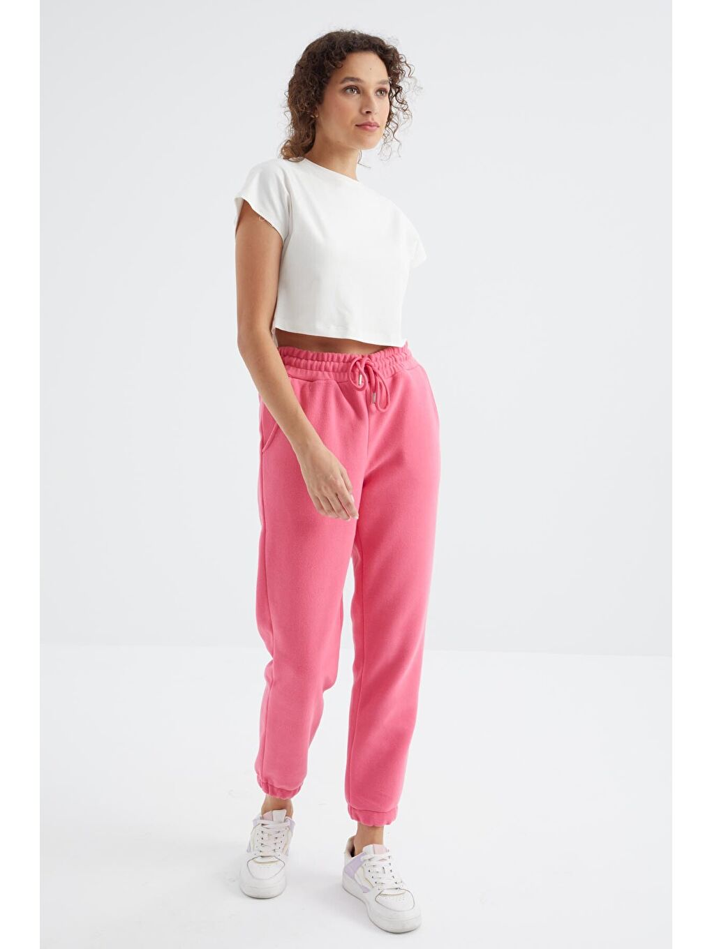 Şeker Pembe Yüksek Bel Basic Bağcıklı Jogger Polar Kadın Eşofman Alt - 94622-4