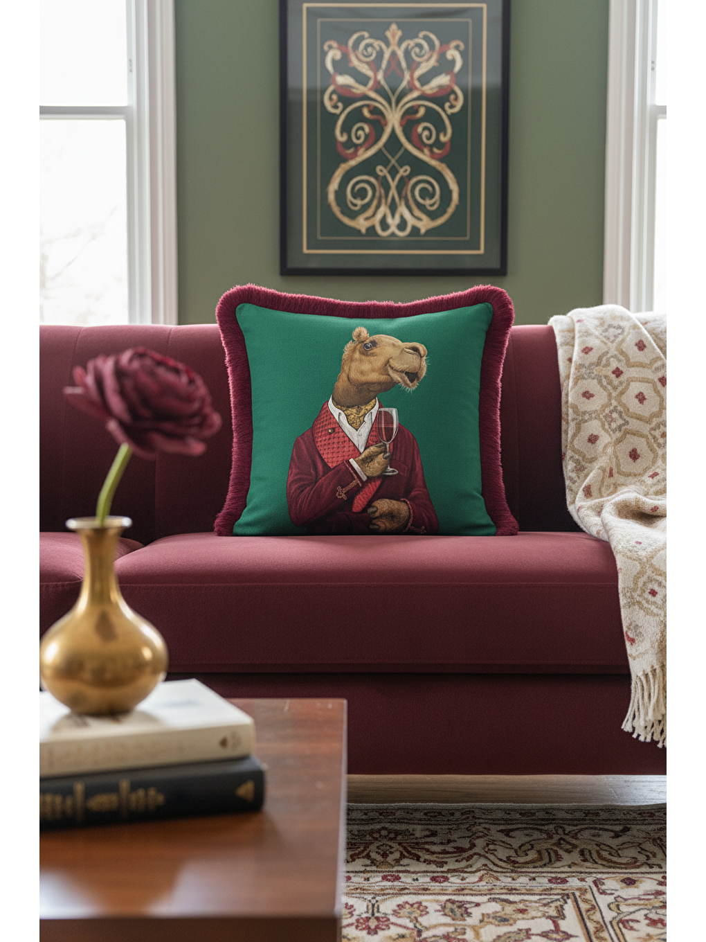 Karışık Lüks Vintage Saçaklı Yastık Kılıfı - Davetli Hayvan Temalı Yeşil Bordo Püsküllü Kırlent Kılıfı-2