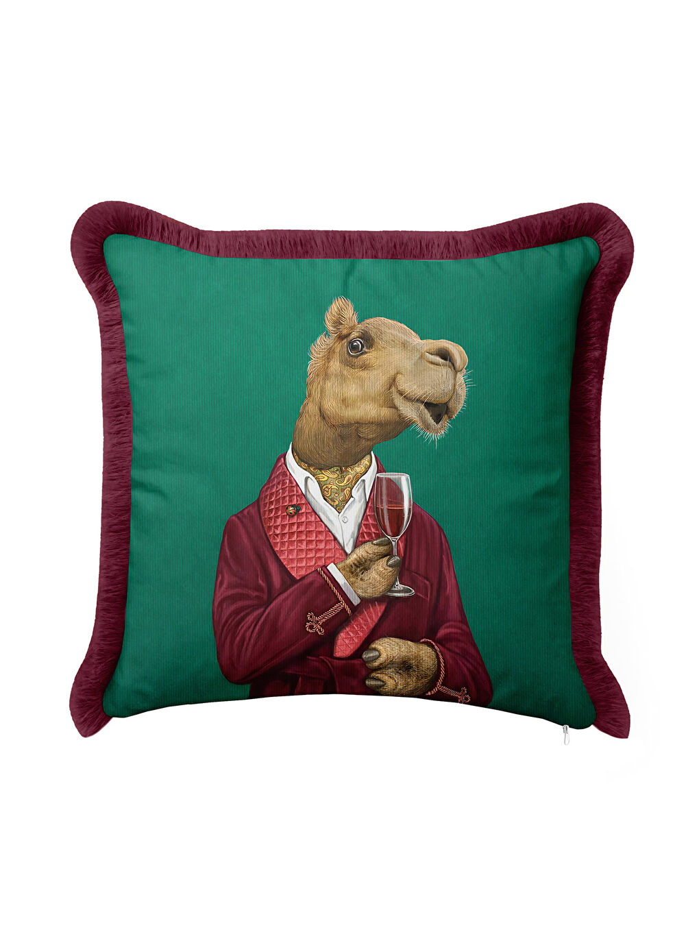 Karışık Lüks Vintage Saçaklı Yastık Kılıfı - Davetli Hayvan Temalı Yeşil Bordo Püsküllü Kırlent Kılıfı-3