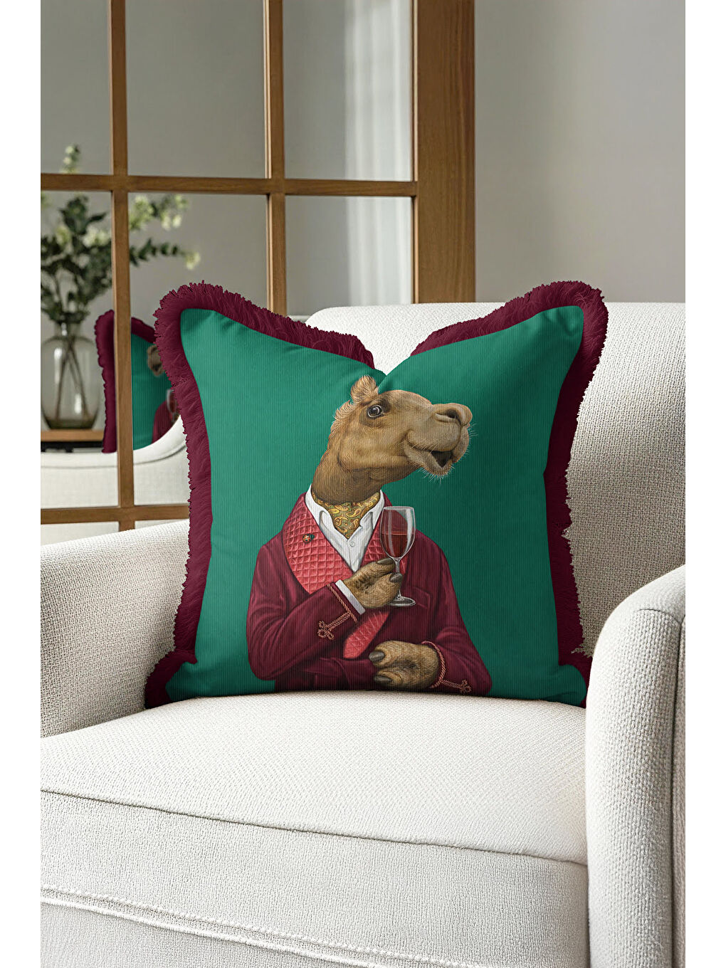 Karışık Lüks Vintage Saçaklı Yastık Kılıfı - Davetli Hayvan Temalı Yeşil Bordo Püsküllü Kırlent Kılıfı-4