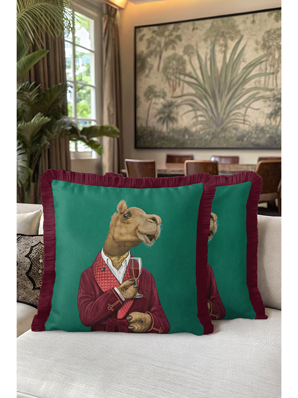 Karışık Lüks Vintage Saçaklı Yastık Kılıfı - Davetli Hayvan Temalı Yeşil Bordo Püsküllü Kırlent Kılıfı-5