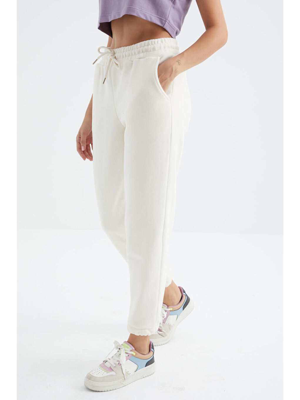 Ekru Yüksek Bel Basic Bağcıklı Jogger Polar Kadın Eşofman Alt - 94622-1