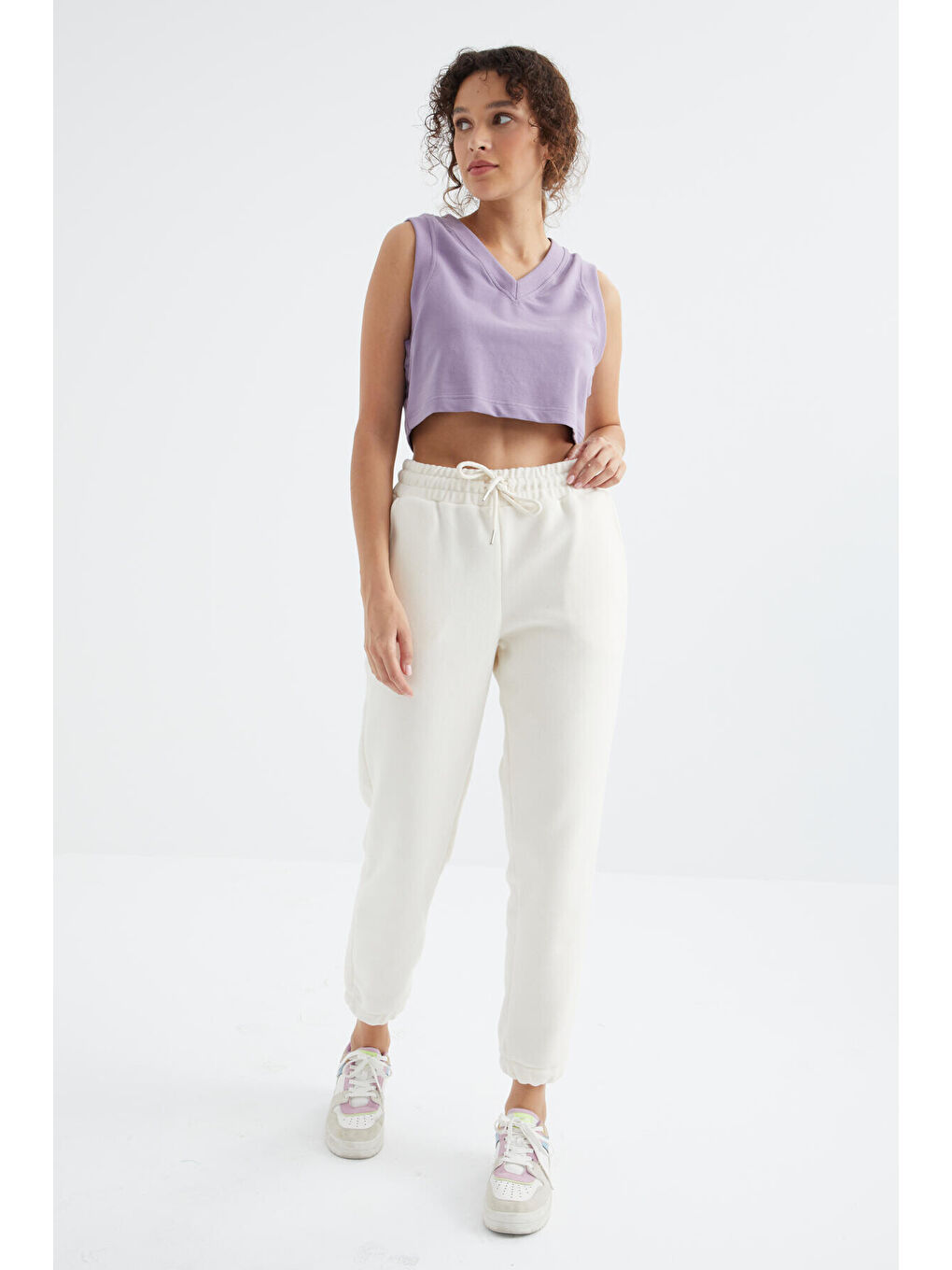 Ekru Yüksek Bel Basic Bağcıklı Jogger Polar Kadın Eşofman Alt - 94622-2