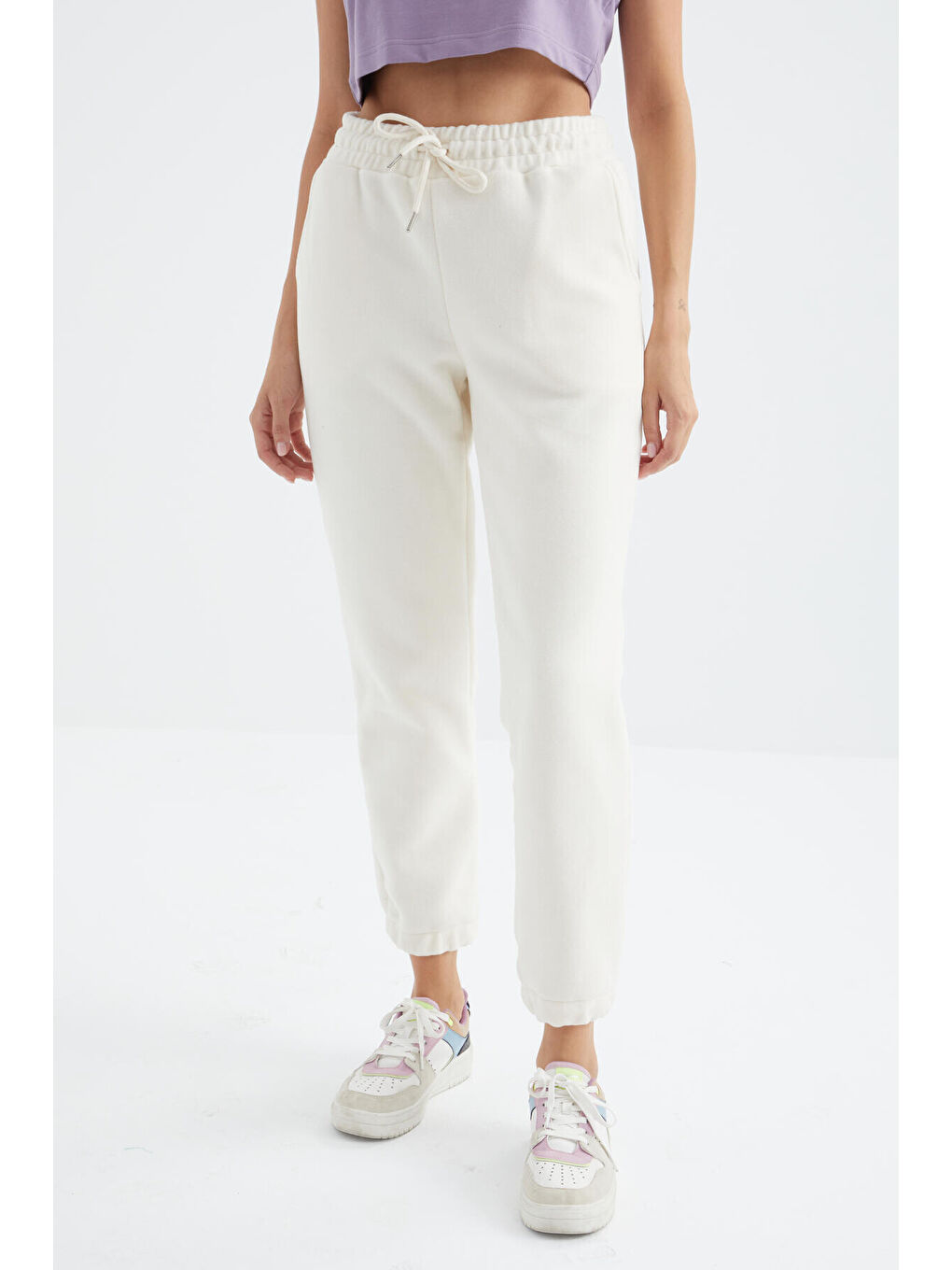 Ekru Yüksek Bel Basic Bağcıklı Jogger Polar Kadın Eşofman Alt - 94622-3