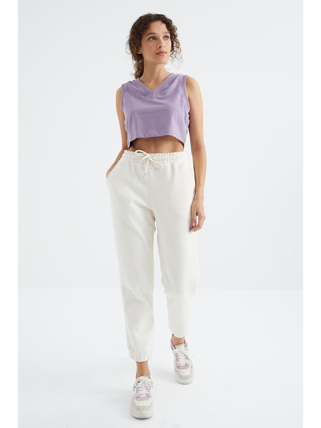 Ekru Yüksek Bel Basic Bağcıklı Jogger Polar Kadın Eşofman Alt - 94622-4