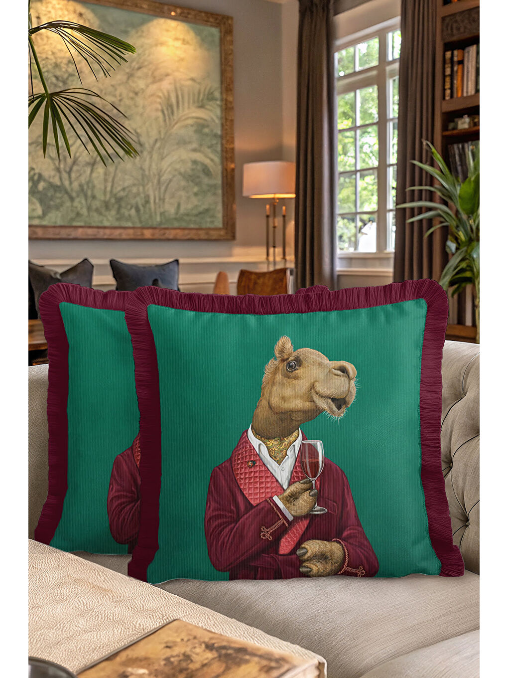 Karışık Lüks Vintage Saçaklı Yastık Kılıfı - Davetli Hayvan Temalı Yeşil Bordo Püsküllü Kırlent Kılıfı-7