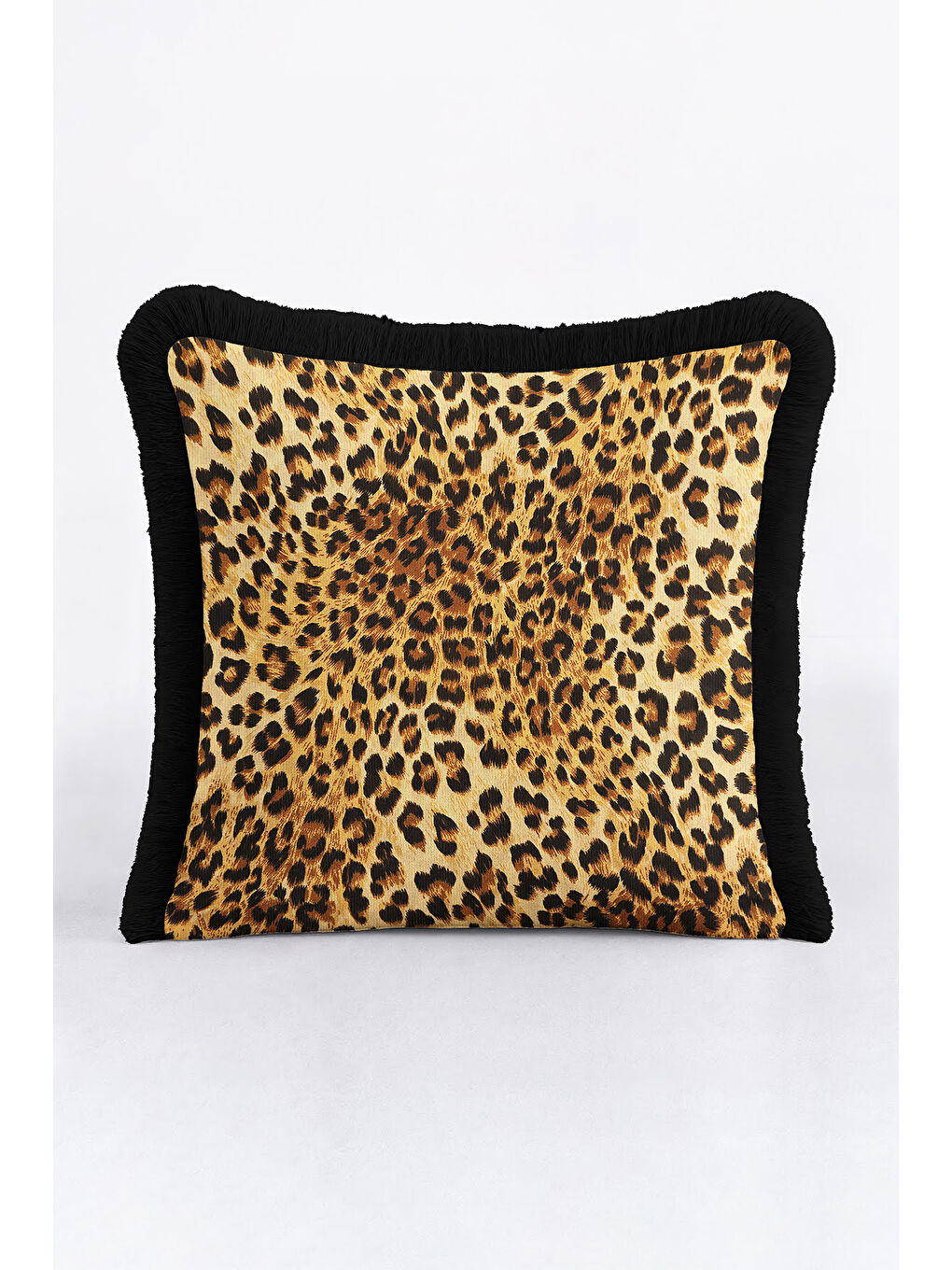 Karışık Lüks Leopar Saçaklı Yastık Kılıfı - Vahşi Doğal Bohem Siyah Kenar Püsküllü Kırlent Kılıfı