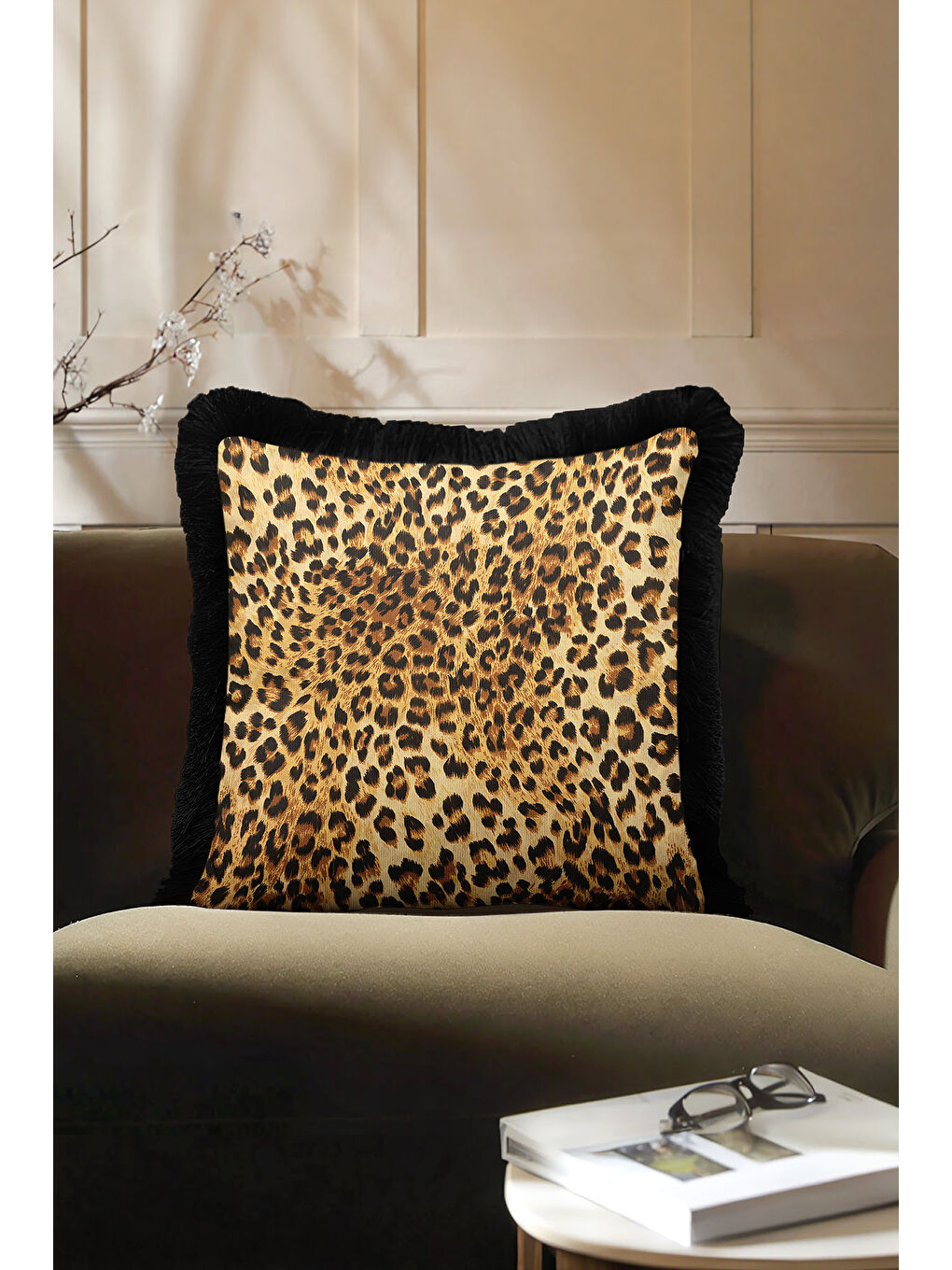 Karışık Lüks Leopar Saçaklı Yastık Kılıfı - Vahşi Doğal Bohem Siyah Kenar Püsküllü Kırlent Kılıfı-1