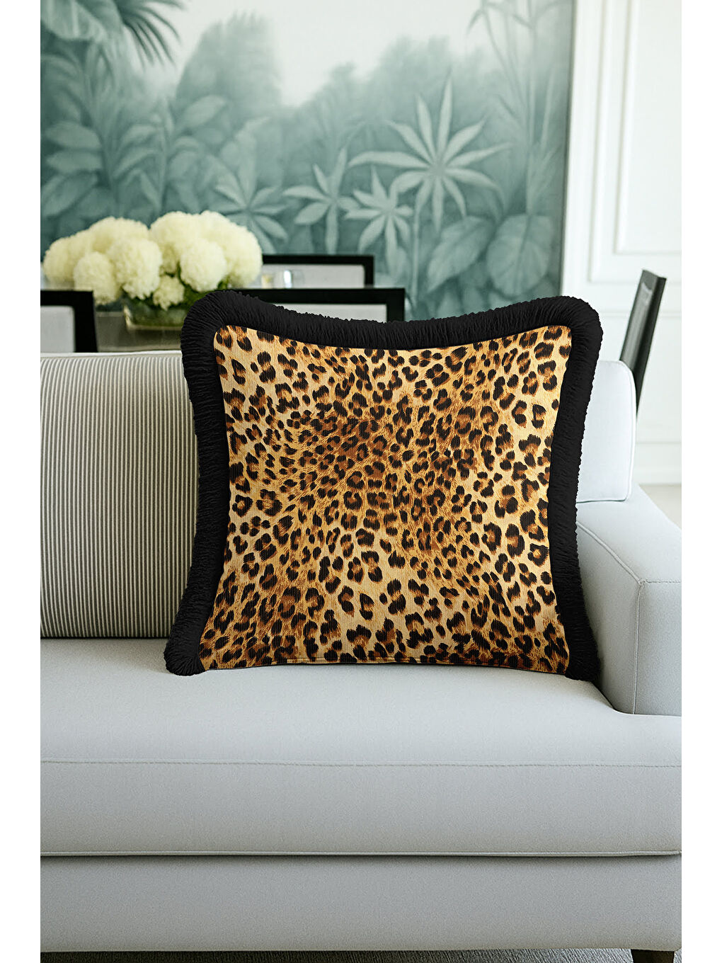 Karışık Lüks Leopar Saçaklı Yastık Kılıfı - Vahşi Doğal Bohem Siyah Kenar Püsküllü Kırlent Kılıfı-3