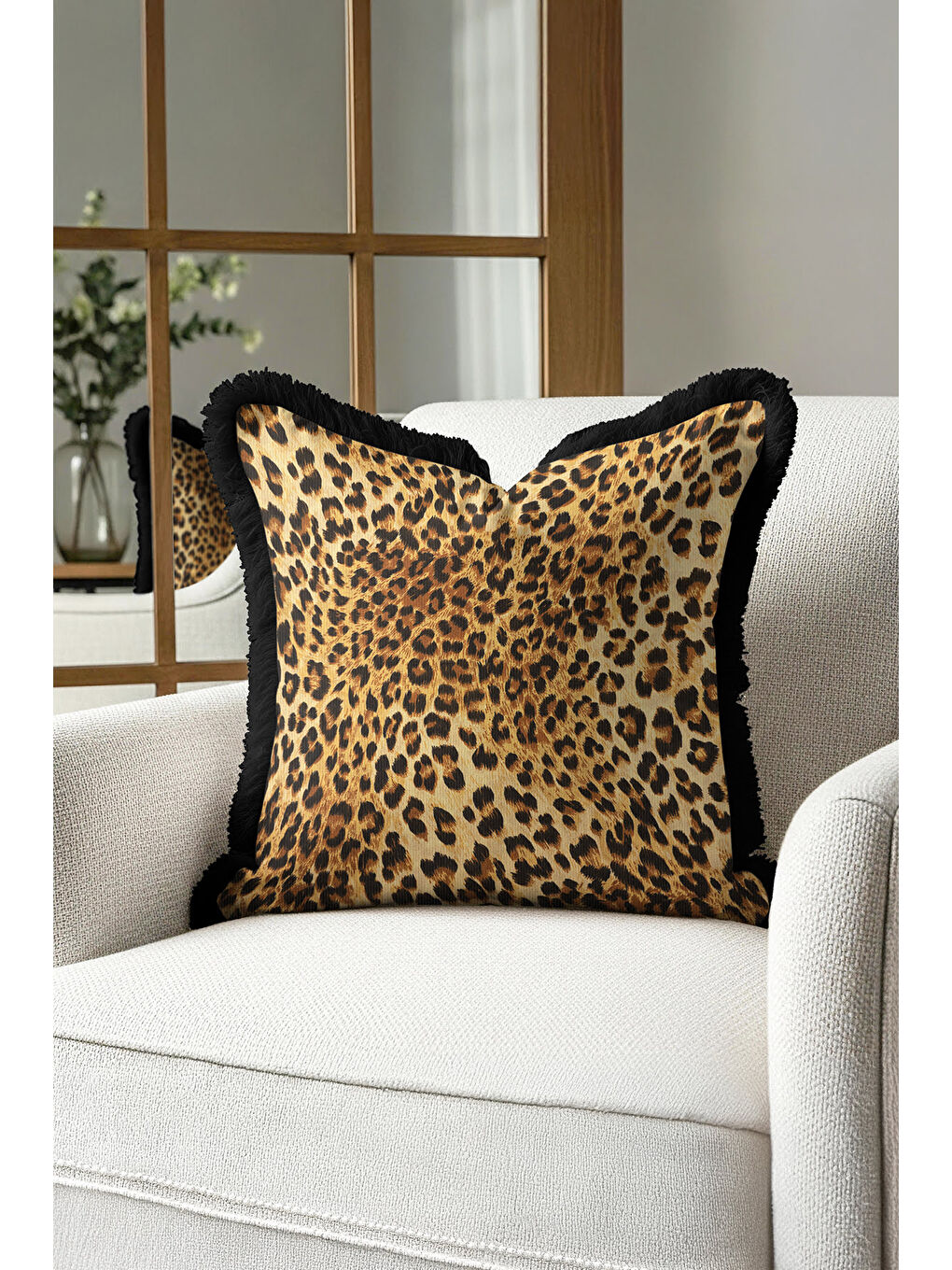 Karışık Lüks Leopar Saçaklı Yastık Kılıfı - Vahşi Doğal Bohem Siyah Kenar Püsküllü Kırlent Kılıfı-4