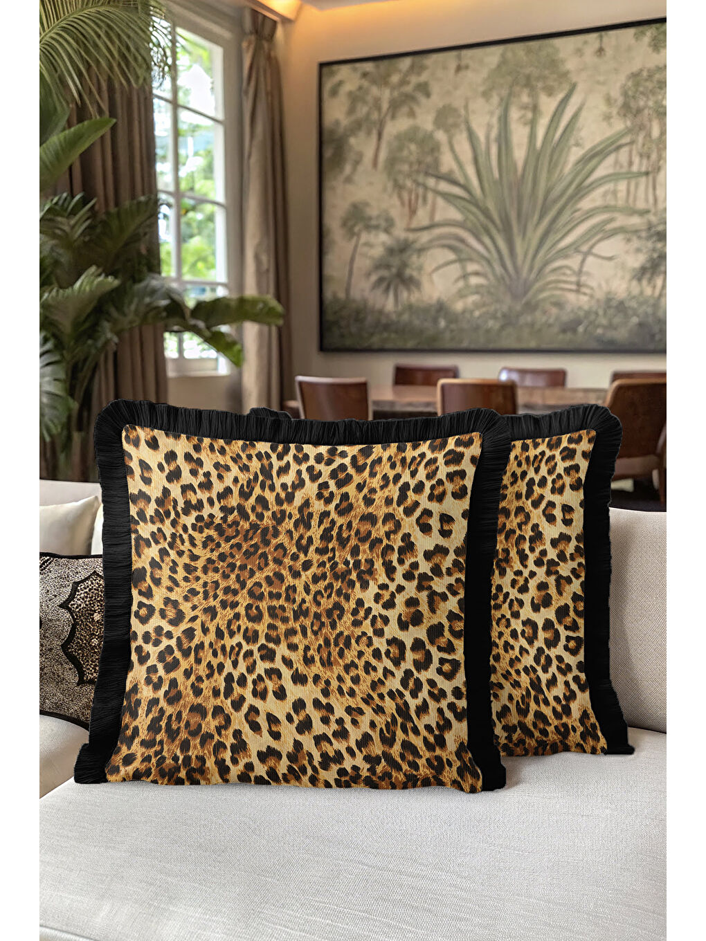 Karışık Lüks Leopar Saçaklı Yastık Kılıfı - Vahşi Doğal Bohem Siyah Kenar Püsküllü Kırlent Kılıfı-5
