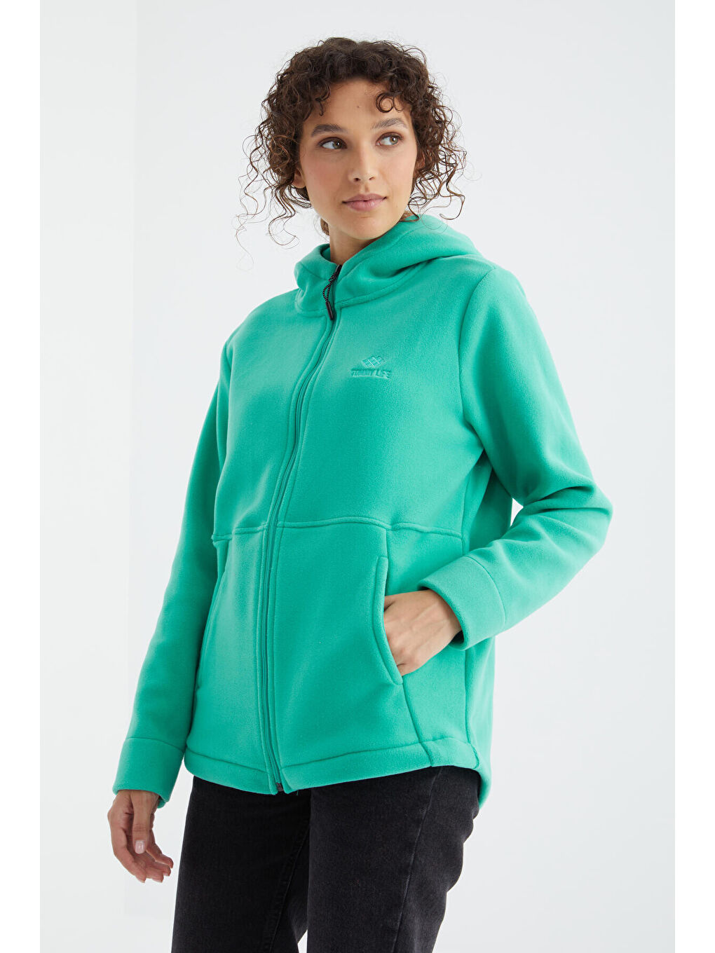 Turkuaz Deniz Yeşili Kapüşonlu Fermuarlı Rahat Form Kadın Polar Sweatshirt - 97233