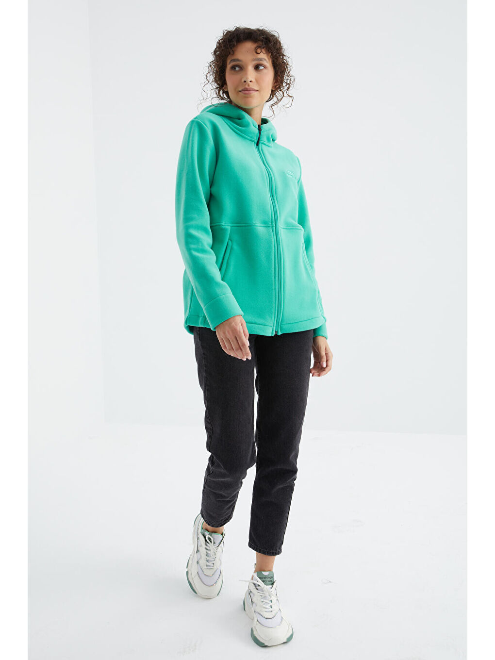 Turkuaz Deniz Yeşili Kapüşonlu Fermuarlı Rahat Form Kadın Polar Sweatshirt - 97233-1