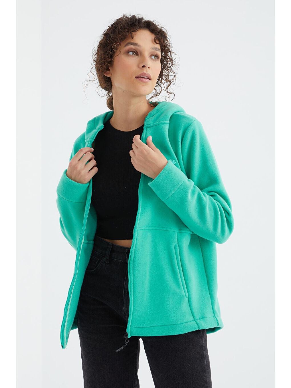 Turkuaz Deniz Yeşili Kapüşonlu Fermuarlı Rahat Form Kadın Polar Sweatshirt - 97233-2