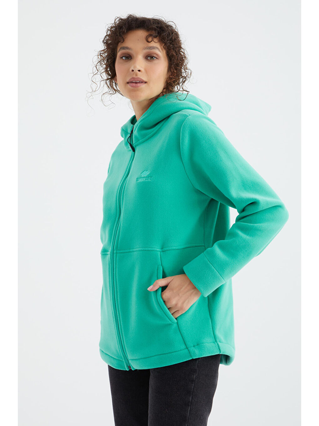 Turkuaz Deniz Yeşili Kapüşonlu Fermuarlı Rahat Form Kadın Polar Sweatshirt - 97233-4