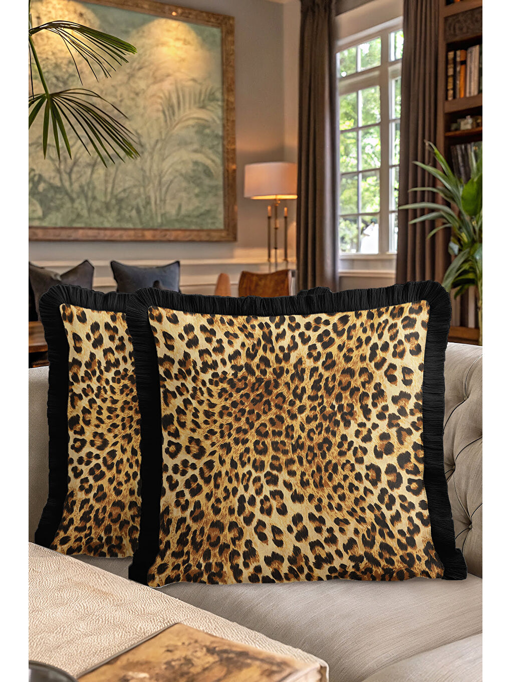 Karışık Lüks Leopar Saçaklı Yastık Kılıfı - Vahşi Doğal Bohem Siyah Kenar Püsküllü Kırlent Kılıfı-7