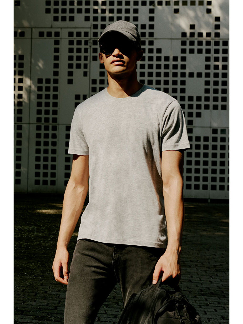 Erkek Gri Melanj Slim Fit Dar Kesim %100 Pamuk Bisiklet Yaka Kısa Kollu Tişört-5