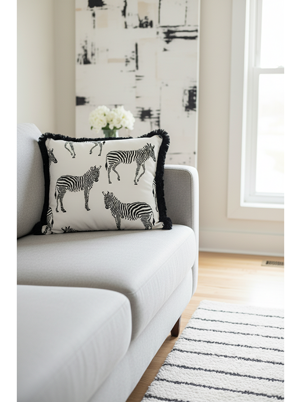 Karışık Zebra Motifli Saçaklı Yastık Kılıfı - Afrika Siyah Beyaz Modern Püsküllü Kırlent Kılıfı