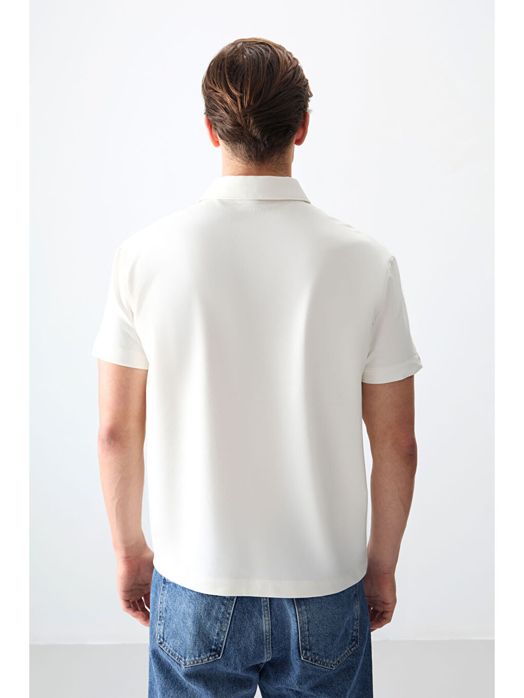 Ekru Pamuklu Kalın Yumuşak Dokulu Polo Yaka Oversize Fit Basic Erkek Tişört - 88381-2