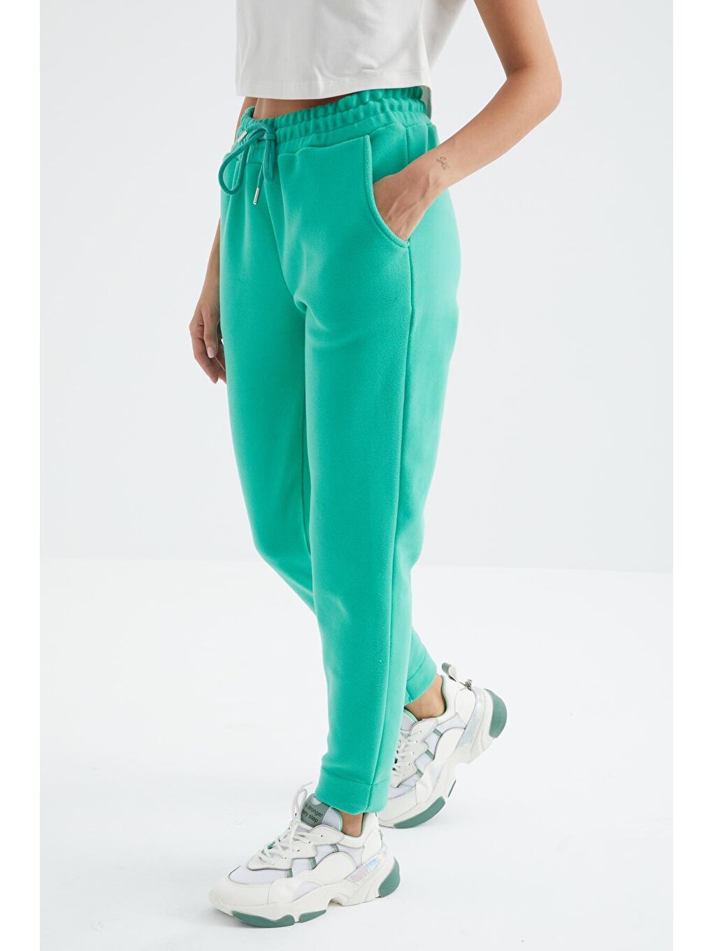 Turkuaz Deniz Yeşili Yüksel Bel Rahat Form Geniş Paça Cepli Kadın Polar Eşofman Alt - 94623-1