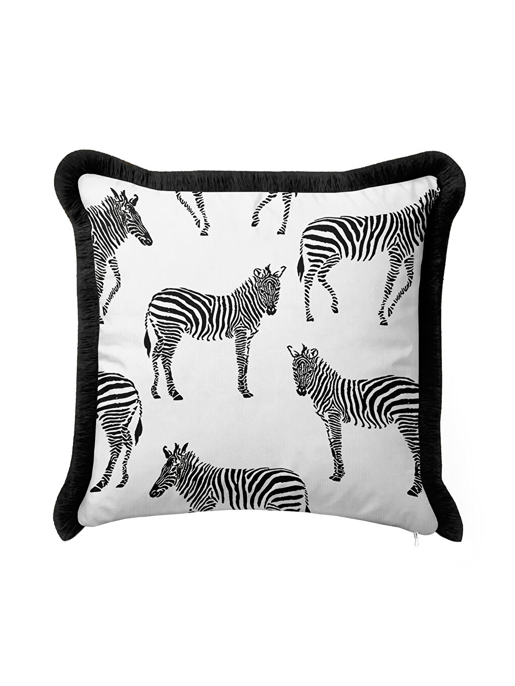 Karışık Zebra Motifli Saçaklı Yastık Kılıfı - Afrika Siyah Beyaz Modern Püsküllü Kırlent Kılıfı-2