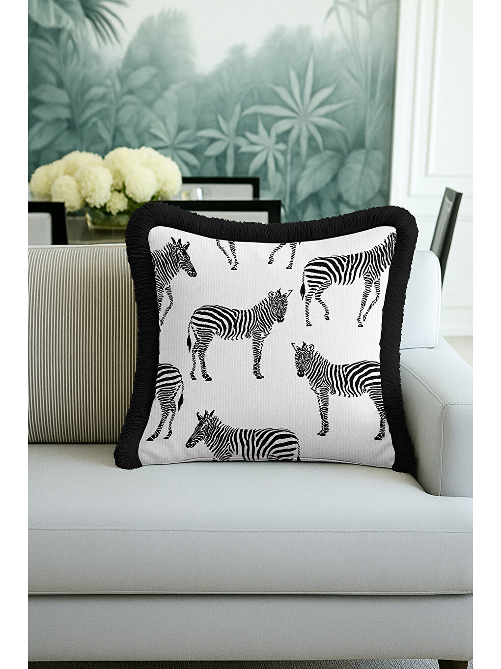 Karışık Zebra Motifli Saçaklı Yastık Kılıfı - Afrika Siyah Beyaz Modern Püsküllü Kırlent Kılıfı-3
