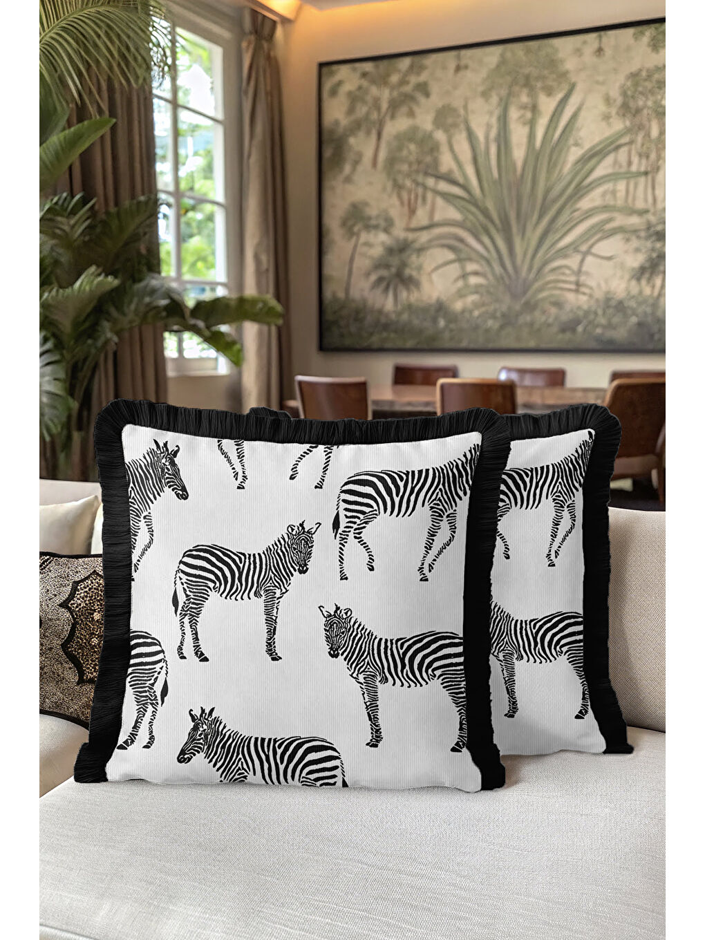 Karışık Zebra Motifli Saçaklı Yastık Kılıfı - Afrika Siyah Beyaz Modern Püsküllü Kırlent Kılıfı-5