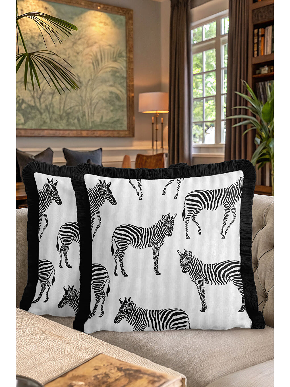 Karışık Zebra Motifli Saçaklı Yastık Kılıfı - Afrika Siyah Beyaz Modern Püsküllü Kırlent Kılıfı-7