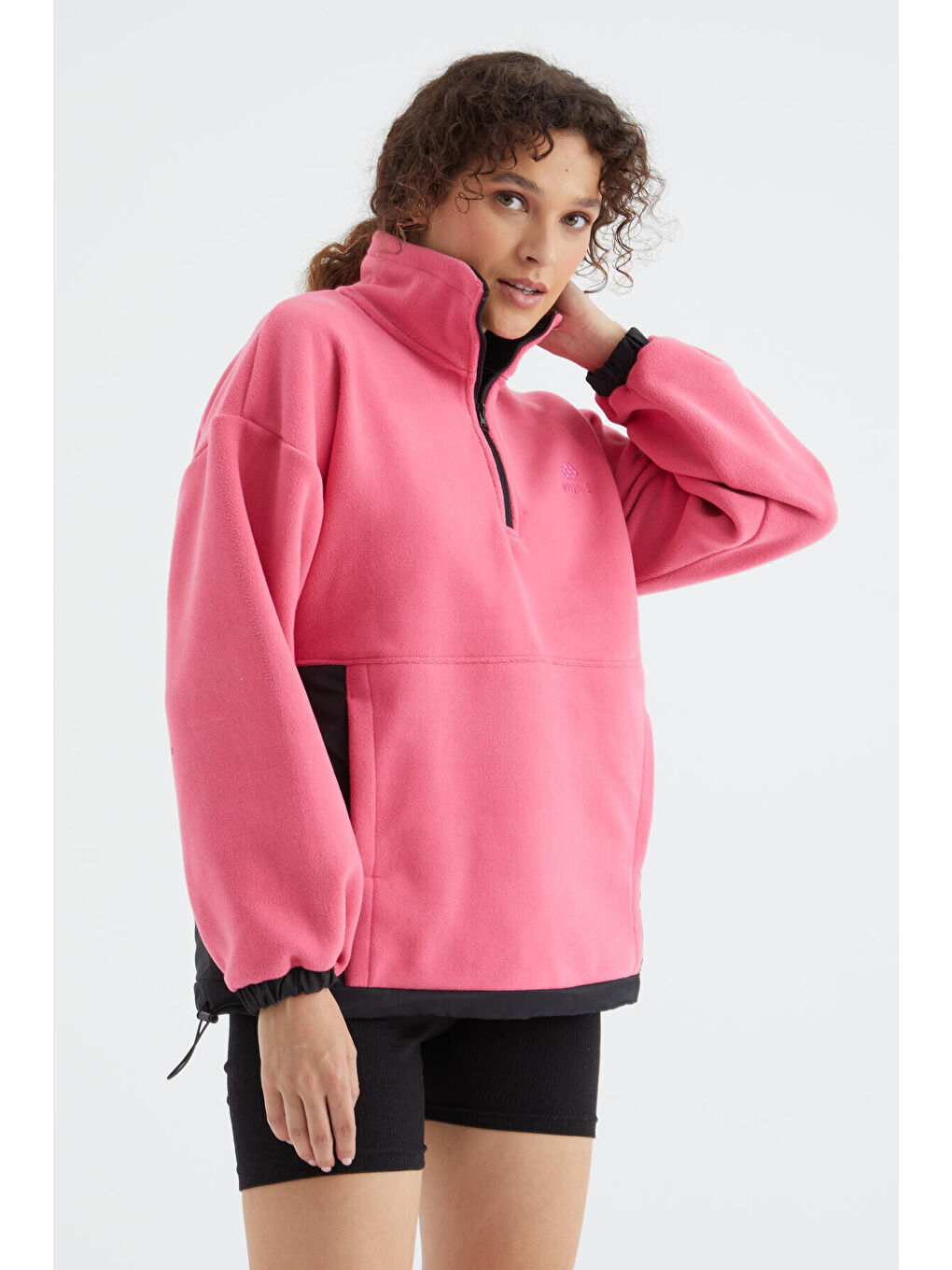Şeker Pembe Yarım Fermuar Etek Ucu Büzgülü Dik Yaka  Oversize Kadın Polar Sweatshirt - 97236-2