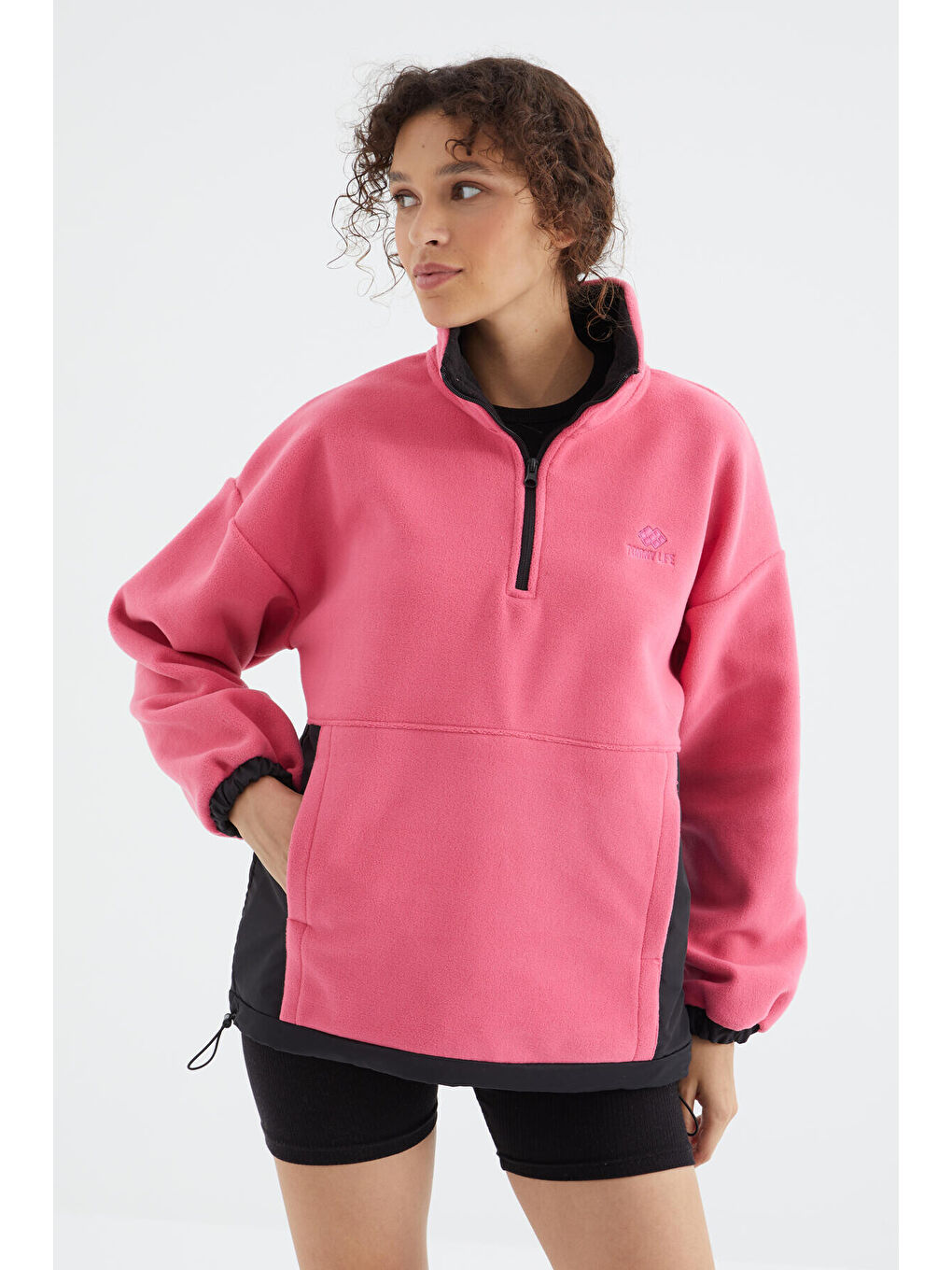 Şeker Pembe Yarım Fermuar Etek Ucu Büzgülü Dik Yaka  Oversize Kadın Polar Sweatshirt - 97236-4