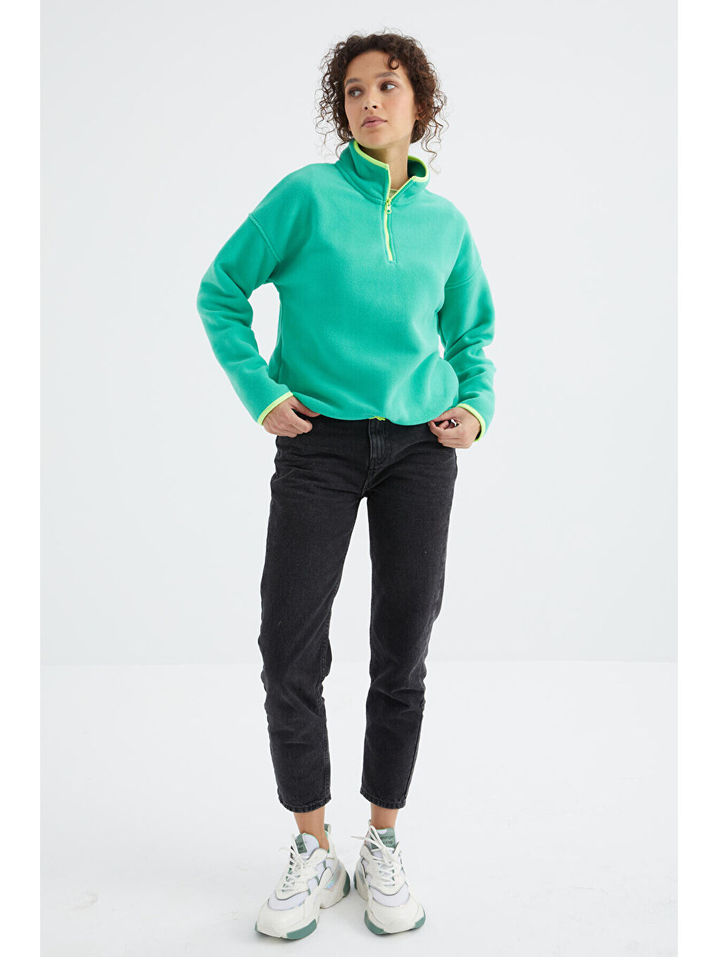 Turkuaz Deniz Yeşili Yarım Fermuar Etek Ucu Büzgülü Dik Yaka Oversize Kadın Polar Sweatshirt - 97234-1