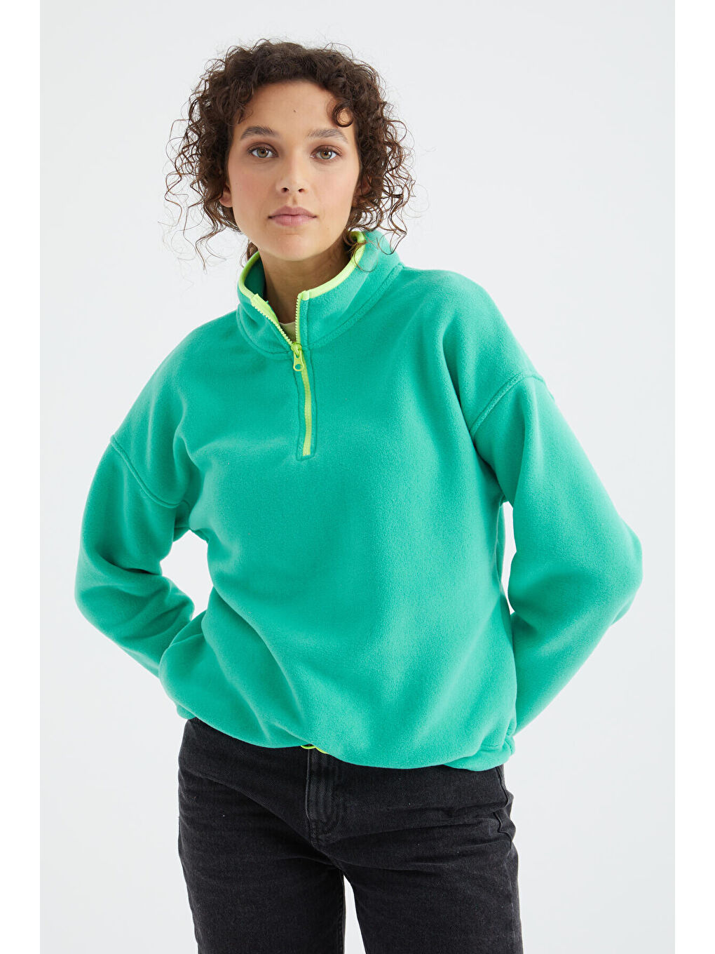Turkuaz Deniz Yeşili Yarım Fermuar Etek Ucu Büzgülü Dik Yaka Oversize Kadın Polar Sweatshirt - 97234-2
