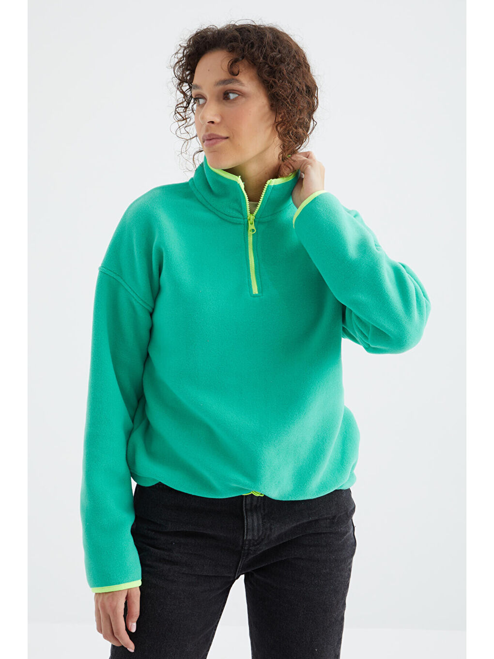 Turkuaz Deniz Yeşili Yarım Fermuar Etek Ucu Büzgülü Dik Yaka Oversize Kadın Polar Sweatshirt - 97234-4